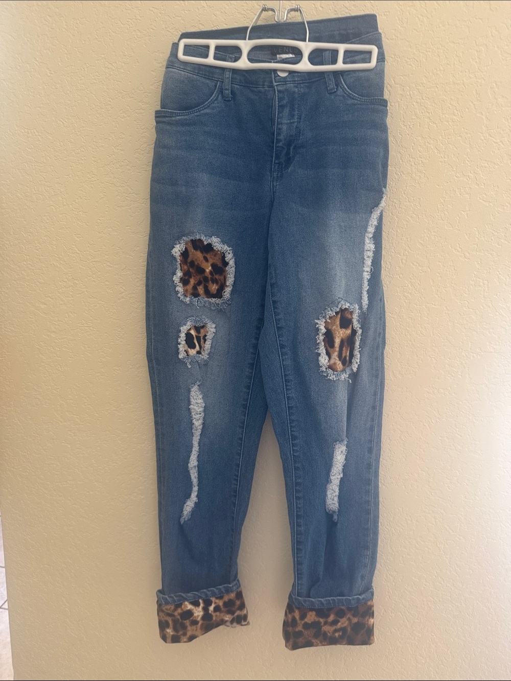 VENUS Blue Distressed Boyfriend Jeans with Leopard Trim
